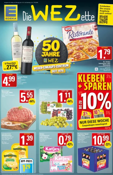 WEZ Prospekt ab 12.10.2026 (KW 42) WEZ Prospekt ab 12.10.2026 Seite 1 mit Ristorante Pizza, Doppio Passo Wein, Mett, Tafeltrauben, Leerdammer & Paulaner Spezi