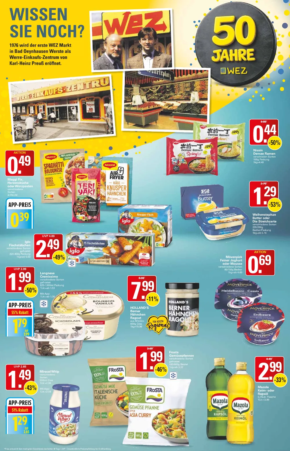 WEZ Prospekt KW 42 Seite 2 mit Maggi Fix, Demae Ramen, Iglo Fischstäbchen, Weihenstephan Butter, Cremissimo & Frosta