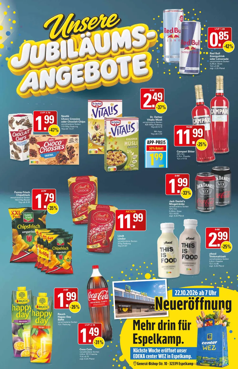 WEZ Prospekt KW 42 Seite 3 mit Red Bull, Choco Crossies, Vitalis Müsli, Campari, Chipsfrisch, Lindor & Coca-Cola