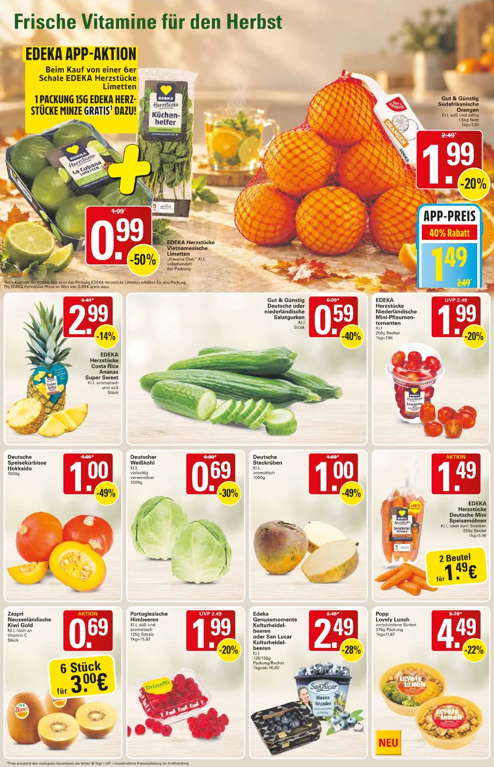 WEZ Prospekt KW 42 Seite 4 mit Limetten, Orangen, Ananas, Salatgurken, Tomaten, Hokkaido, Weißkohl & Himbeeren