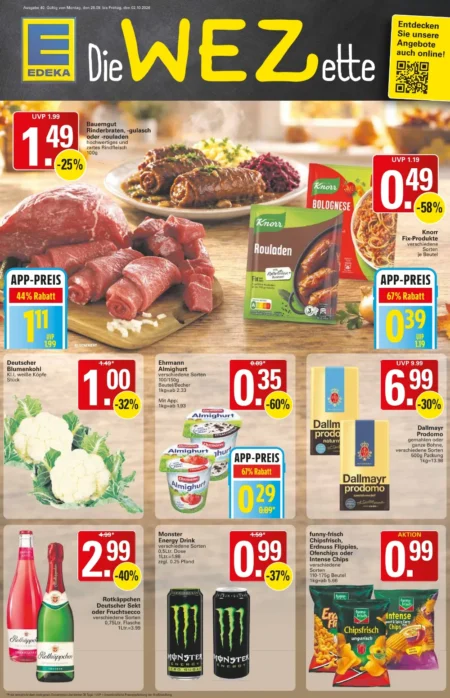 WEZ Prospekt KW 40 ab 28.09.2026 WEZ Prospekt ab 28.09.2026 Seite 1 mit Rinderbraten, Knorr Fix, Blumenkohl, Almighurt und Dallmayr Kaffee.