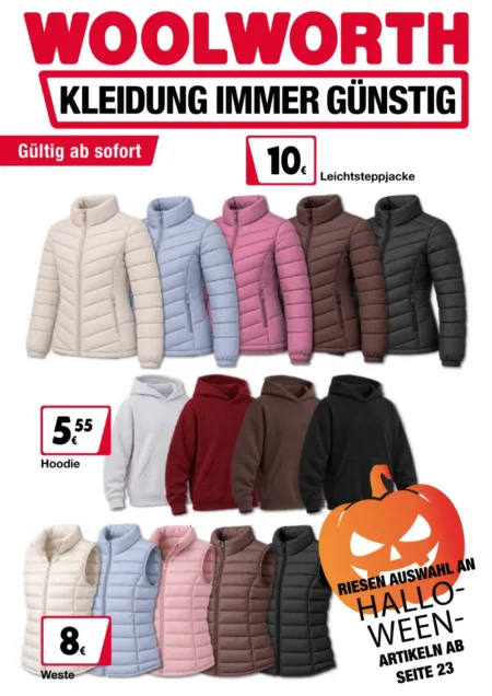Woolworth Angebote im Prospekt ab 30.09.2026 (KW 40) Woolworth Angebote ab 30.09.2026 Seite 1 mit Angeboten für Leichtsteppjacken, Hoodies und Westen.