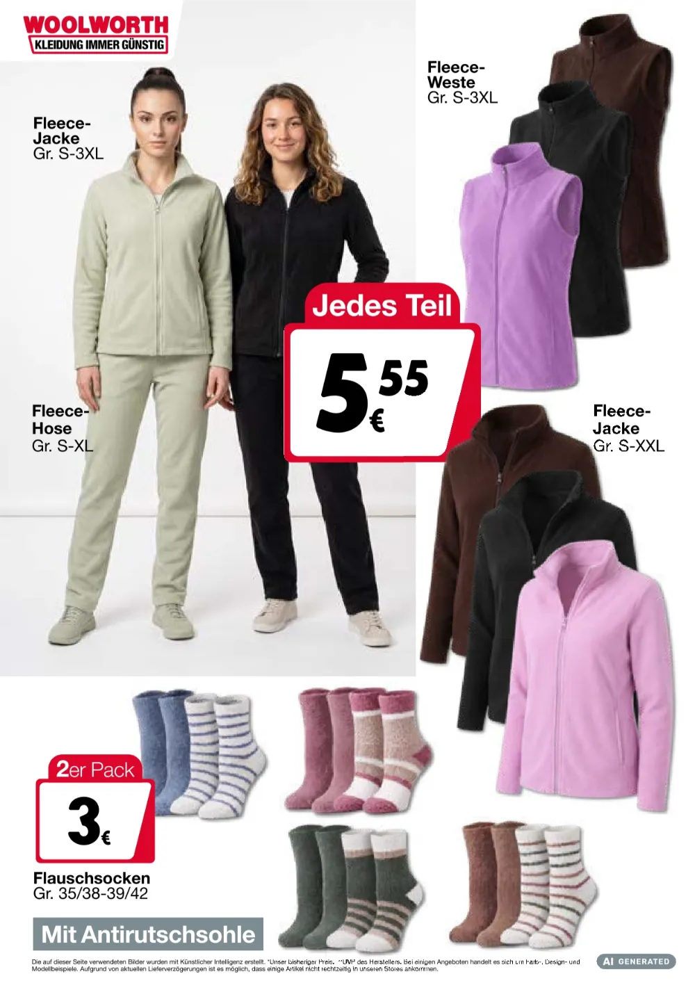 Woolworth Angebote KW40 Seite 2 mit Angeboten für Fleece-Jacken, Fleece-Hosen, Fleece-Westen und Flauschsocken.