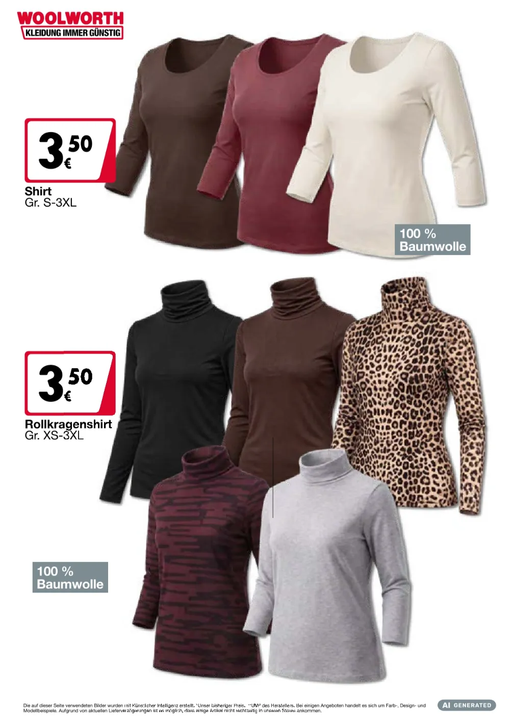 Woolworth Angebote KW40 Seite 3 mit Angeboten für Damen-Shirts und Rollkragenshirts aus Baumwolle.