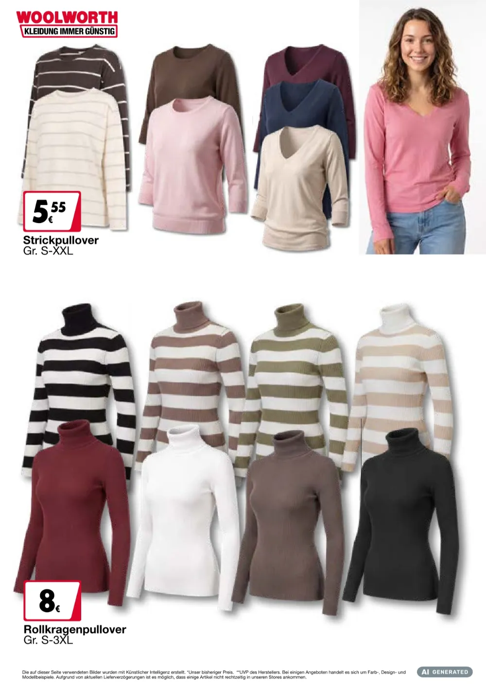 Woolworth Angebote KW40 Seite 4 mit Angeboten für Strickpullover und gestreifte Rollkragenpullover.