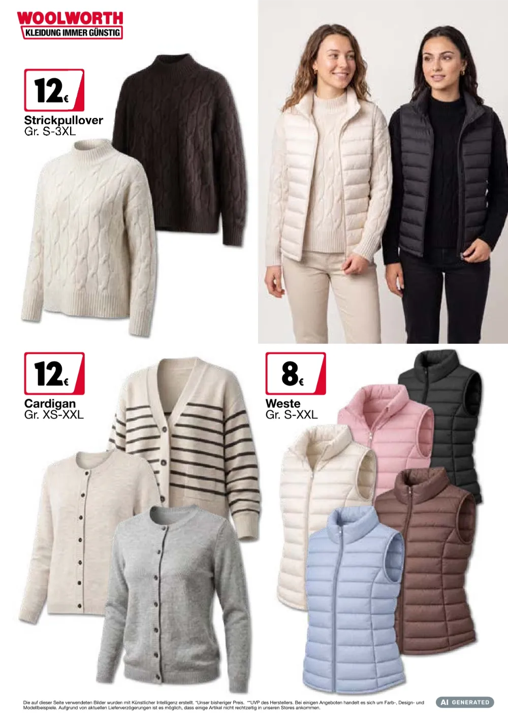 Woolworth Angebote KW40 Seite 5 mit Angeboten für Strickpullover, Cardigans und gepolsterte Westen.