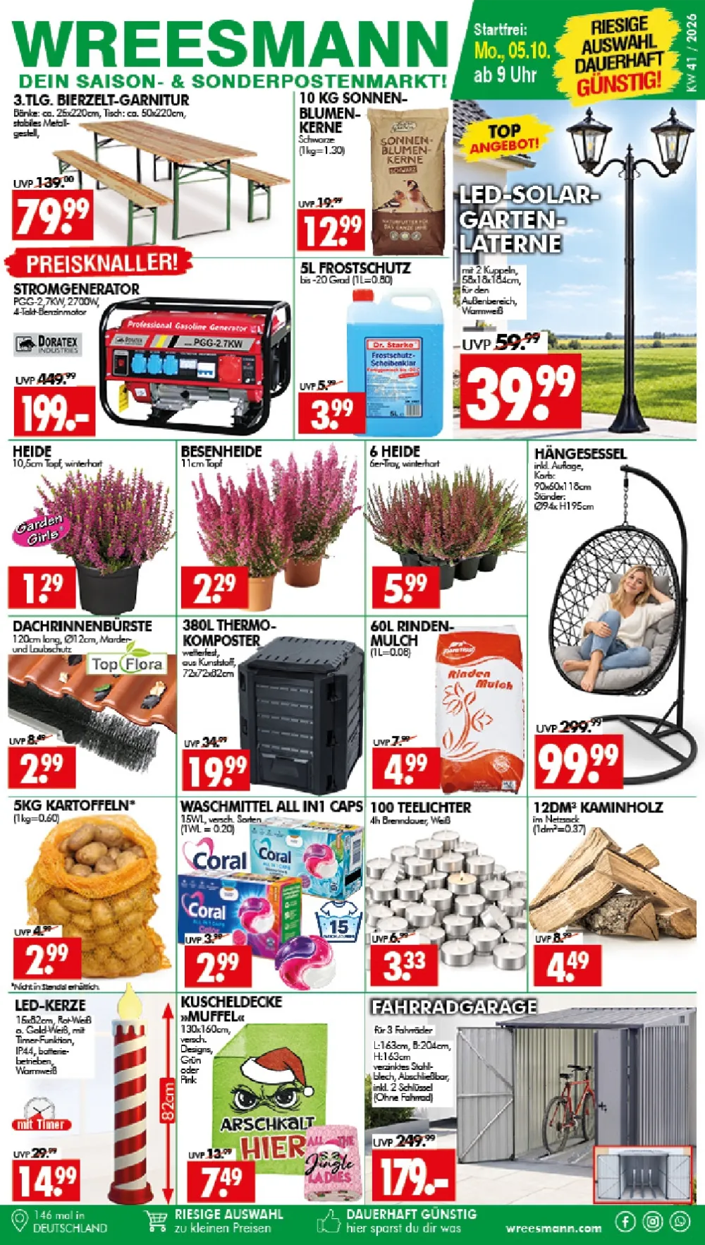 Wreesmann Angebote ab 05.10.2026 Seite 1 mit Angeboten für Bierzelt-Garnitur, Stromgenerator & Solar-Gartenlaterne