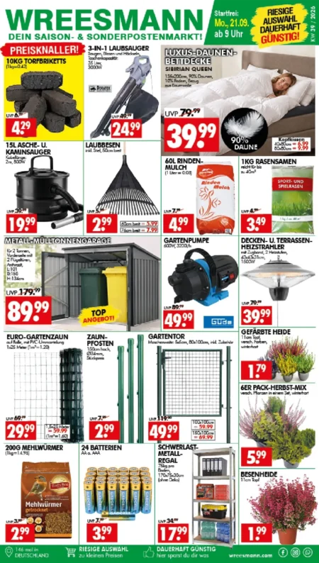 Wreesmann Angebote im Prospekt ab 21.09.2026 (KW 39) Wreesmann Angebote ab 21.09.2026 Seite 1 mit Angeboten für Torfbriketts, Laubsauger, Bettdecke und Gartenbedarf.