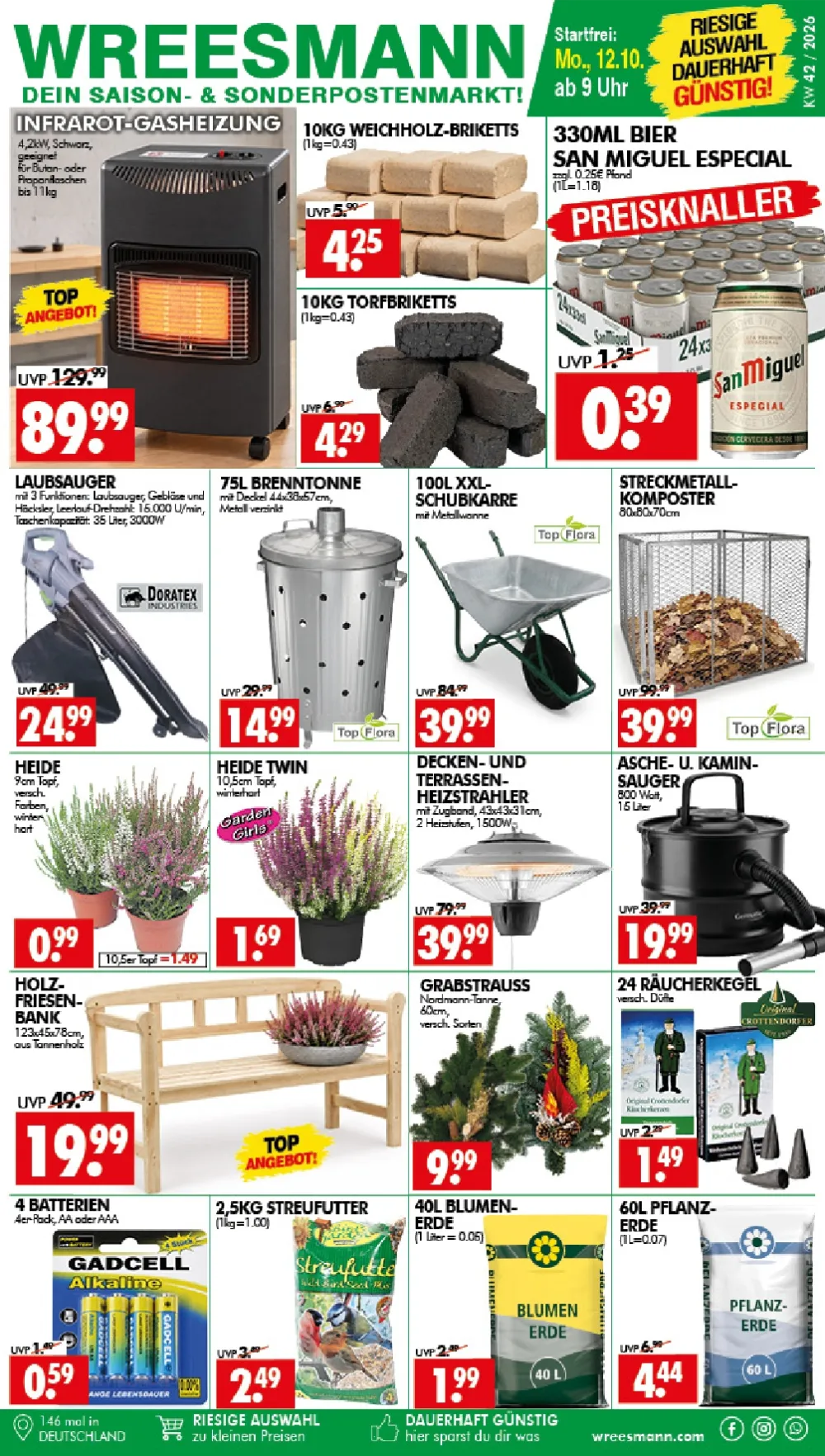 Wreesmann Prospekt ab 12.10.2026 Seite 1 mit Infrarot-Gasheizung, Briketts, Laubsauger, Schubkarre & Heizstrahler