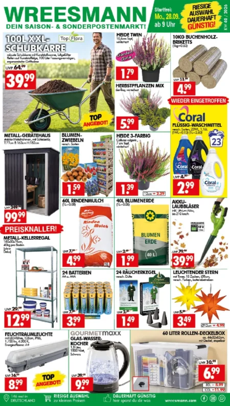Wreesmann Prospekt ab 28.09.2026 (KW 40) Wreesmann Prospekt ab 28.09.2026 Seite 1 mit Schubkarre, Buchenholz-Briketts, Coral Waschmittel, Laubbläser und Gerätehaus.