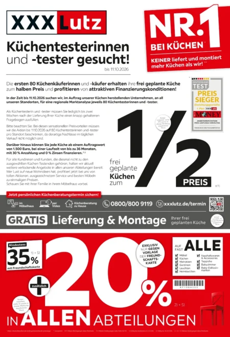 XXXLutz Prospekt ab 10.10.2026 (KW 42–43) Küchen XXXLutz Küchen Prospekt ab 12.10.2026 Seite 1 mit Einbauküchen zum halben Preis, Gratis Lieferung & Rabatt-Aktionen