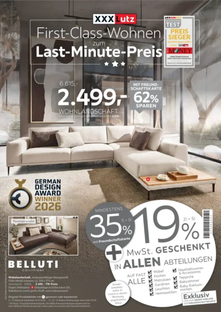 XXXLutz Prospekt ab 19.09.2026 (KW 39–40) XXXLutz Prospekt ab 19.09.2026 Seite 1 mit Wohnlandschaft Belluti, Rabatten auf Möbel und Teppiche.