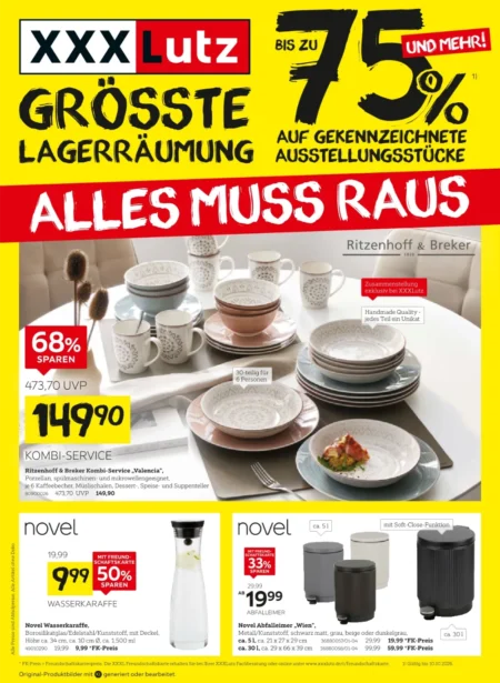 XXXLutz Prospekt ab 26.09.2026 (KW 40–41) XXXLutz Online Prospekt ab 26.09.2026 Seite 1 mit Kombi-Service, Wasserkaraffe und Abfalleimern.