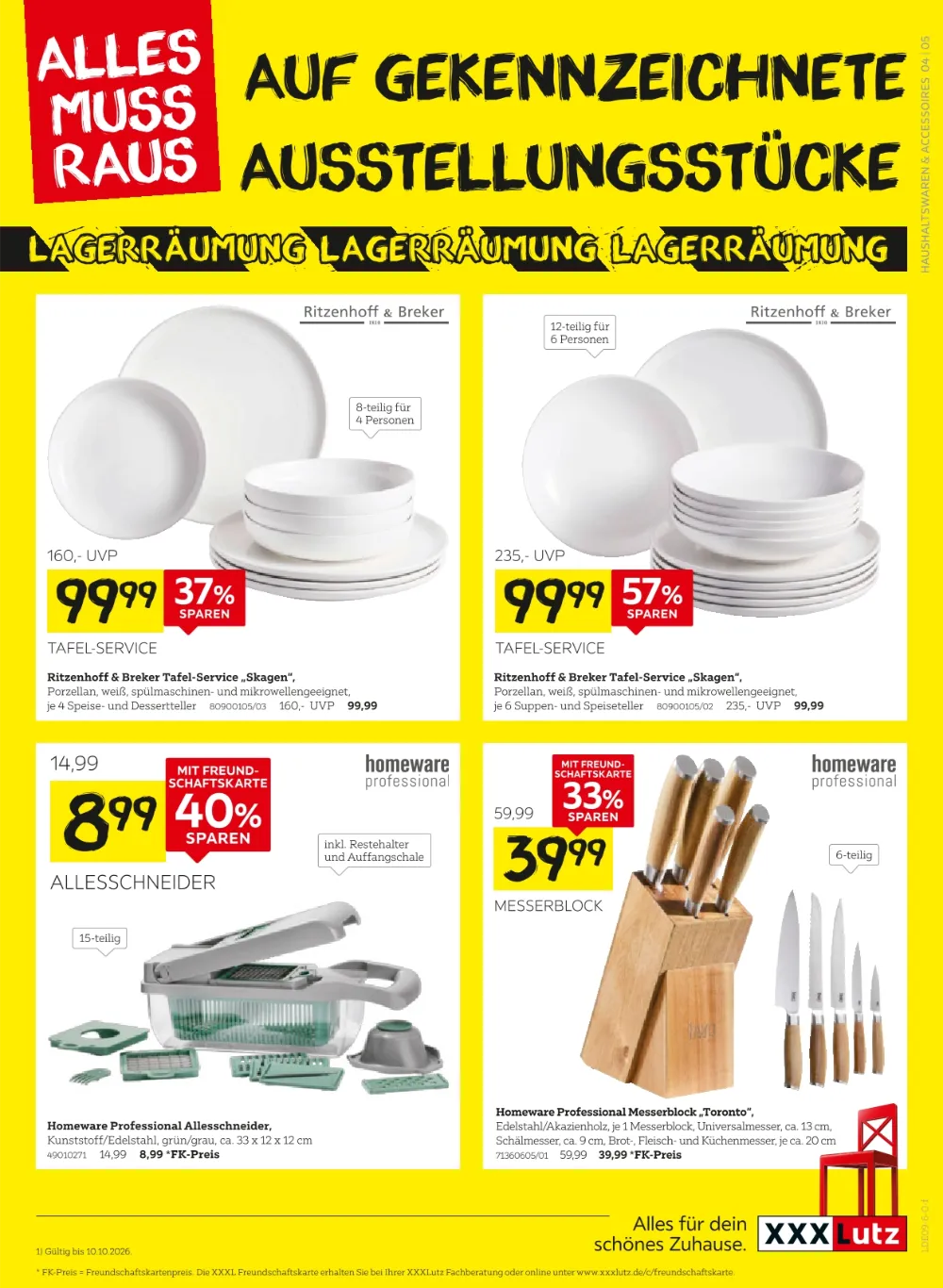 XXXLutz Online Prospekt KW40-41 Seite 5 mit Tafel-Service, Allesschneider und Messerblock.