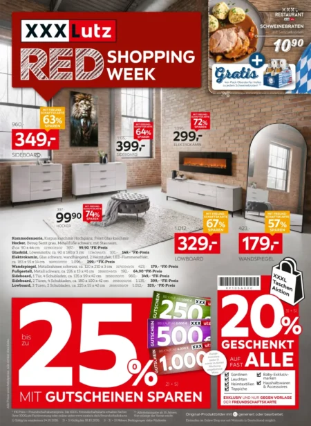 XXXLutz Prospekt ab 10.10.2026 (KW 42–43) XXXLutz Prospekt ab 10.10.2026 Seite 1 mit Sideboard, Elektrokamin, Wandspiegel, Hocker, Lowboard & Gutschein-Aktionen