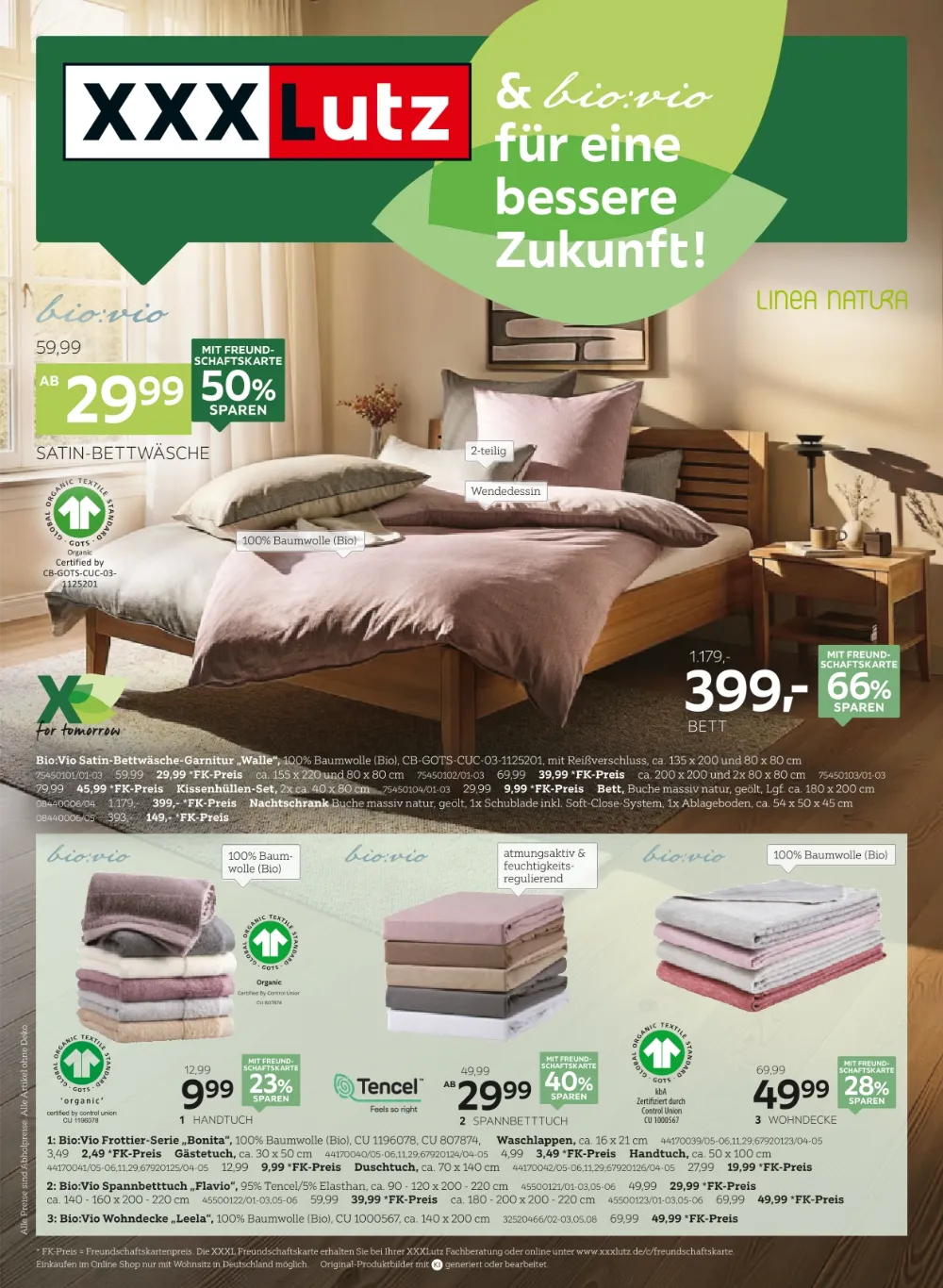 XXXLutz Prospekt KW40 Seite 5 mit Satin-Bettwäsche, Bett, Nachttisch, Handtüchern und Wohndecke.