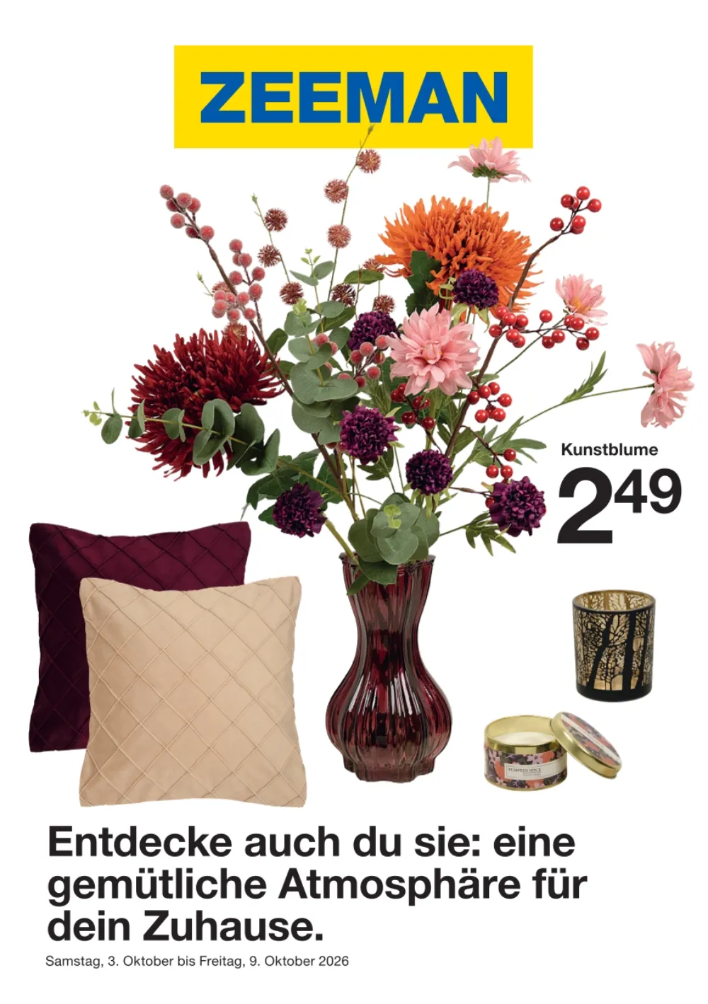 Zeeman Prospekt ab 03.10.2026 Seite 1 mit Kunstblumen, Deko-Kissen, Glasvase und Kerzen