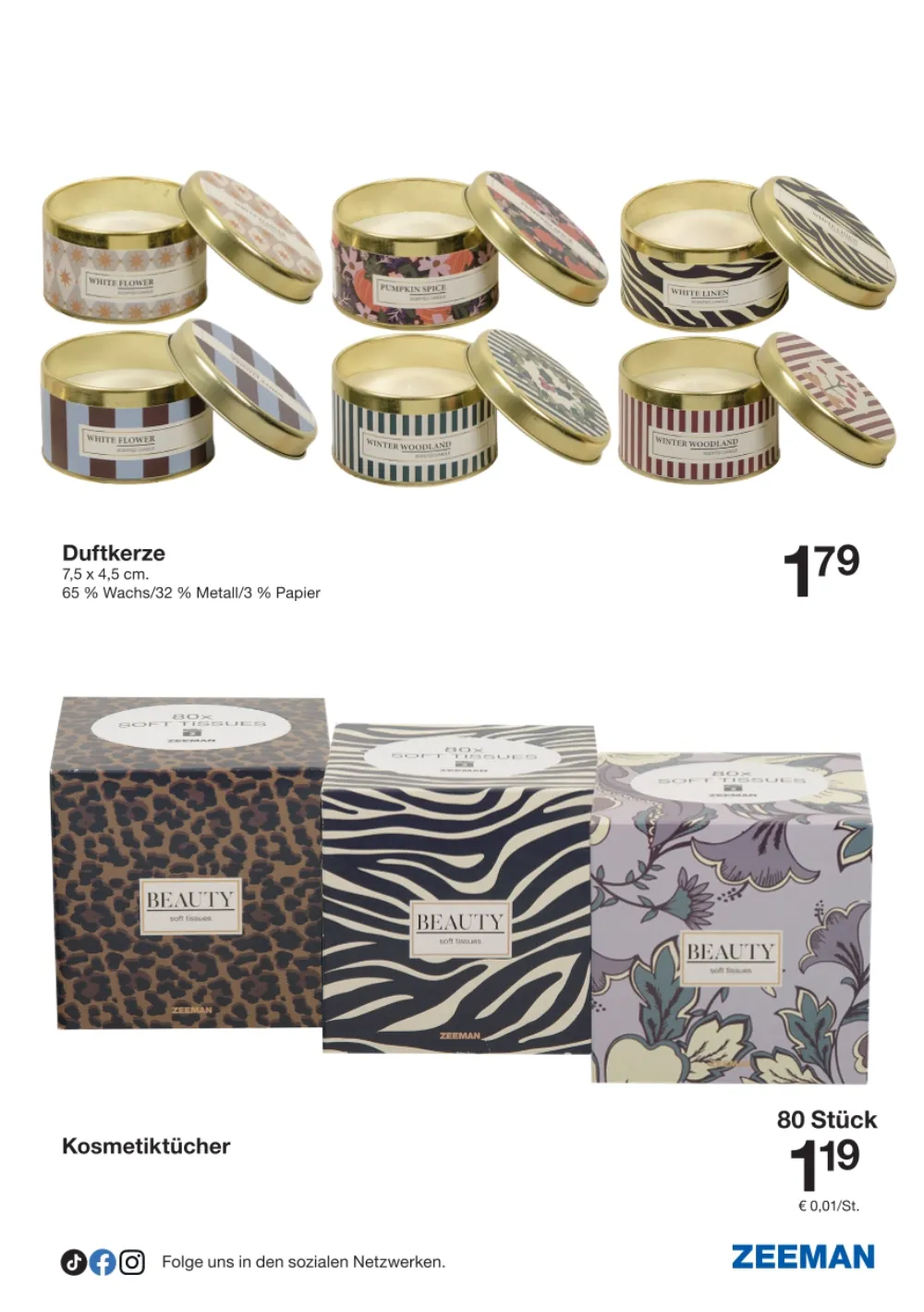 Zeeman Prospekt KW 41 Seite 5 mit Duftkerzen in Metalldosen und Kosmetiktüchern