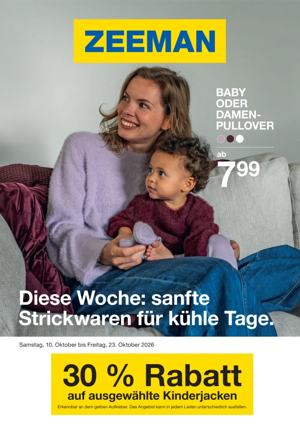 Zeeman Prospekt ab 10.10.2026 Seite 1 mit Damenpullover, Babypullover & Rabatt auf Kinderjacken