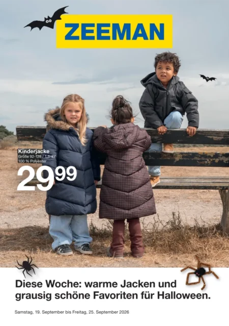Zeeman Prospekt ab 19.09.2026 (KW 39) Zeeman Prospekt ab 19.09.2026 Seite 1 mit Kinderjacke und Favoriten für Halloween.