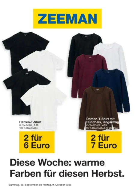 Zeeman Prospekt ab 29.09.2026 (KW 40–41) Zeeman Prospekt ab 26.09.2026 Seite 1 mit Herren-T-Shirt und langärmligem Damen-T-Shirt.
