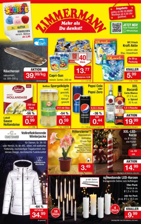 Zimmermann Prospekt ab 05.10.2026 (KW 41) Zimmermann Prospekt ab 05.10.2026 Seite 1 mit Räucheraal, Capri-Sun, WC Frisch, Pepsi, Bacardi und Winterjacke.
