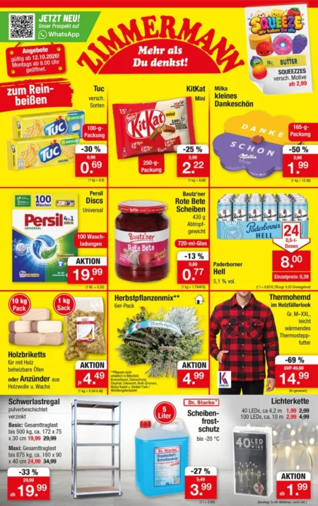 Zimmermann Prospekt ab 12.10.2026 (KW 42) Zimmermann Prospekt ab 12.10.2026 Seite 1 mit Tuc, KitKat Mini, Milka, Persil Discs, Bautz'ner & Paderborner