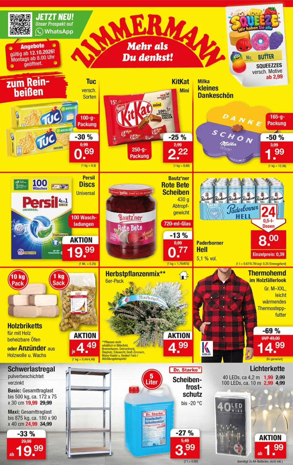 Zimmermann Prospekt ab 12.10.2026 Seite 1 mit Tuc, KitKat Mini, Milka, Persil Discs, Bautz'ner & Paderborner
