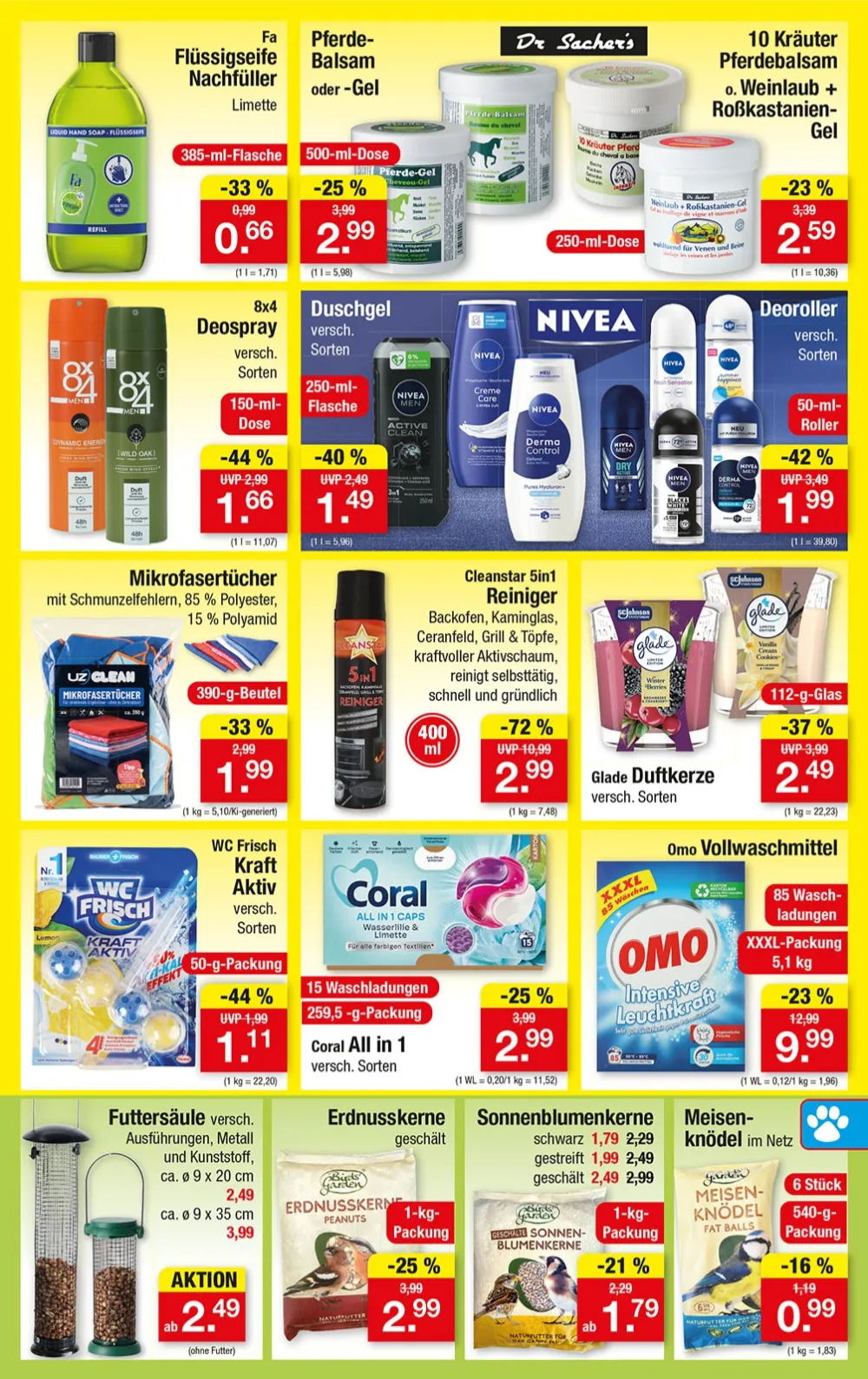 Zimmermann Prospekt KW 42 Seite 3 mit Fa Flüssigseife, Dr Sacher's, 8x4, Nivea, Glade, Omo & Vogelfutter