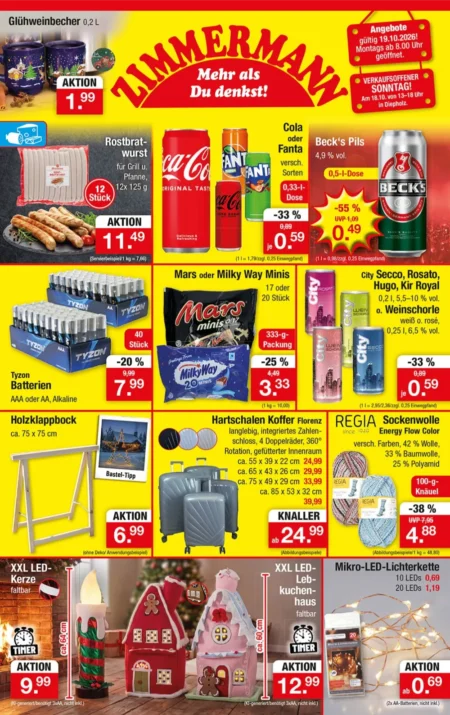 Zimmermann Prospekt ab 19.10.2026 (KW 43) Zimmermann Prospekt ab 19.10.2026 Seite 1 mit Rostbratwurst, Coca-Cola, Beck's Pils, Mars Minis & Koffer