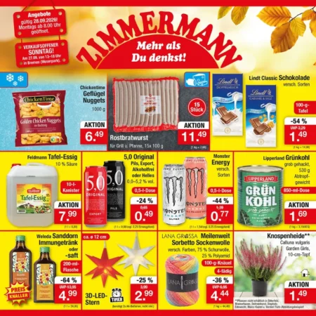 Zimmermann Prospekt ab 28.09.2026 (KW 40) Zimmermann Prospekt ab 28.09.2026 Seite 1 mit Chicken Nuggets, Rostbratwurst, Lindt Schokolade und Essig.