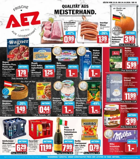 AEZ Prospekt ab 19.10.2026 (KW 43) AEZ Prospekt ab 19.10.2026 Seite 1 mit Schweinefilet, Wiener, Halloween Kürbisse, Wagner Pizza & Meggle Butter