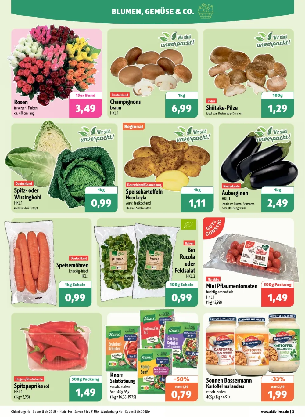 Aktiv Irma Angebote KW 43 Seite 3 mit Angebote für Rosen, Champignons, Shiitake-Pilze, Spitzkohl & Speisekartoffeln