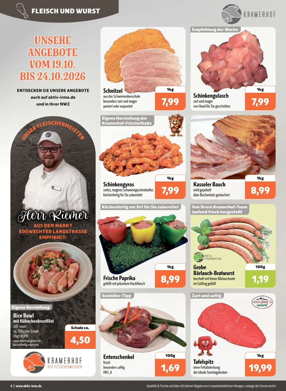 Aktiv Irma Angebote KW 43 Seite 4 mit Angebote für Schnitzel, Schinkengulasch, Schinkengyros & Kasseler Bauch