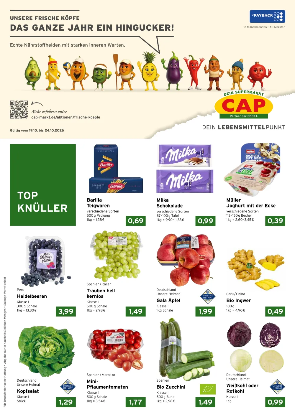 Cap Markt Angebote ab 19.10.2026 Seite 1 mit angeboten für Barilla Teigwaren, Milka Schokolade, Müller Joghurt mit der Ecke & Heidelbeeren