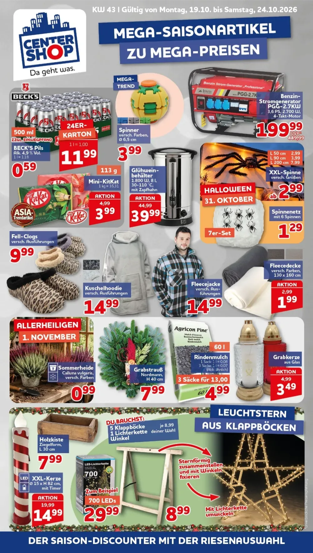 Centershop Prospekt ab 19.10.2026 Seite 1 mit Becks Pils, Glühweinbehälter, Fleecejacke & Sommerheide