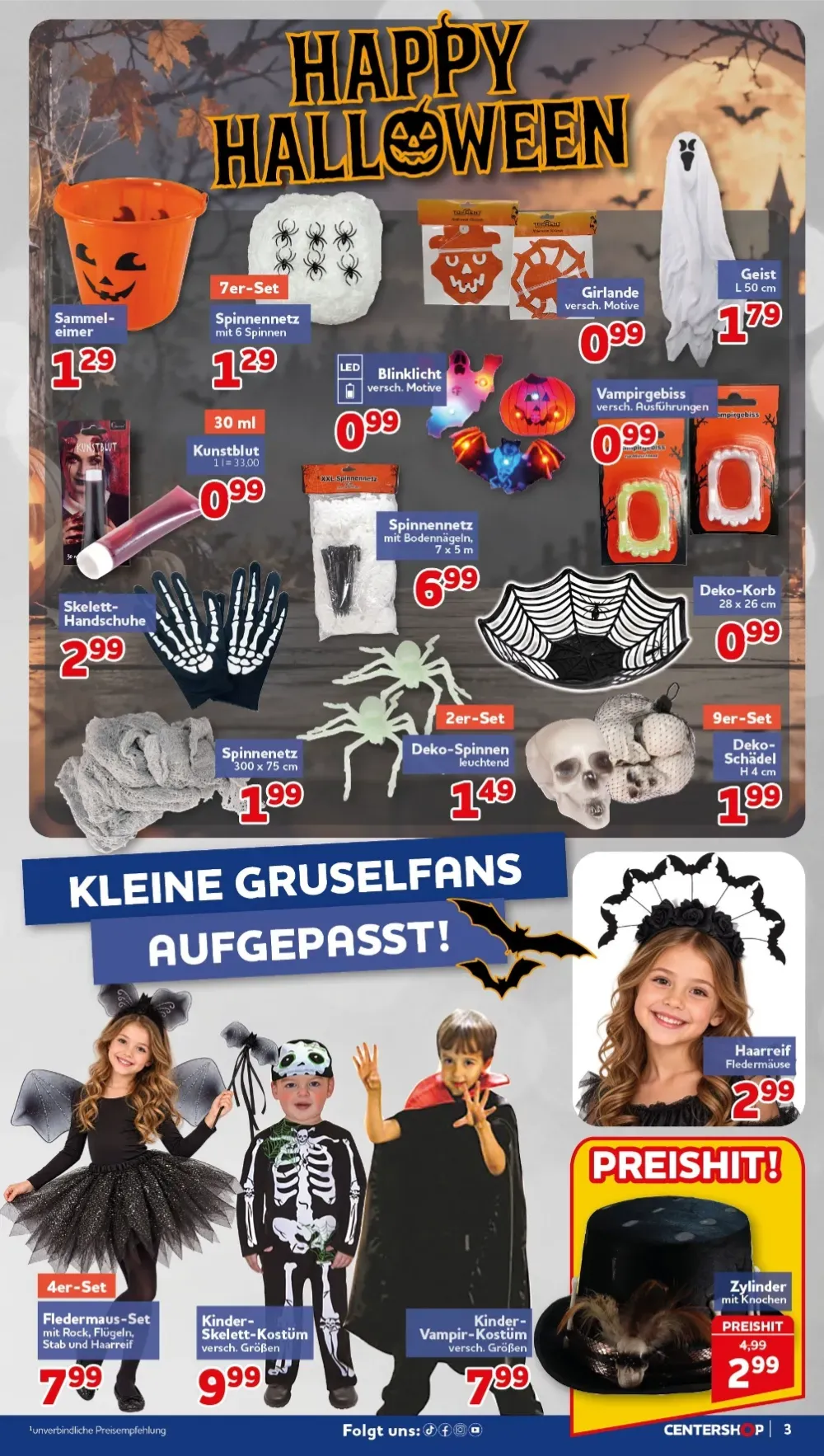 Centershop Prospekt KW 43 Seite 3 mit Spinnennetz, Fledermaus-Set, Kinder-Skelett-Kostüm & Vampir-Kostüm