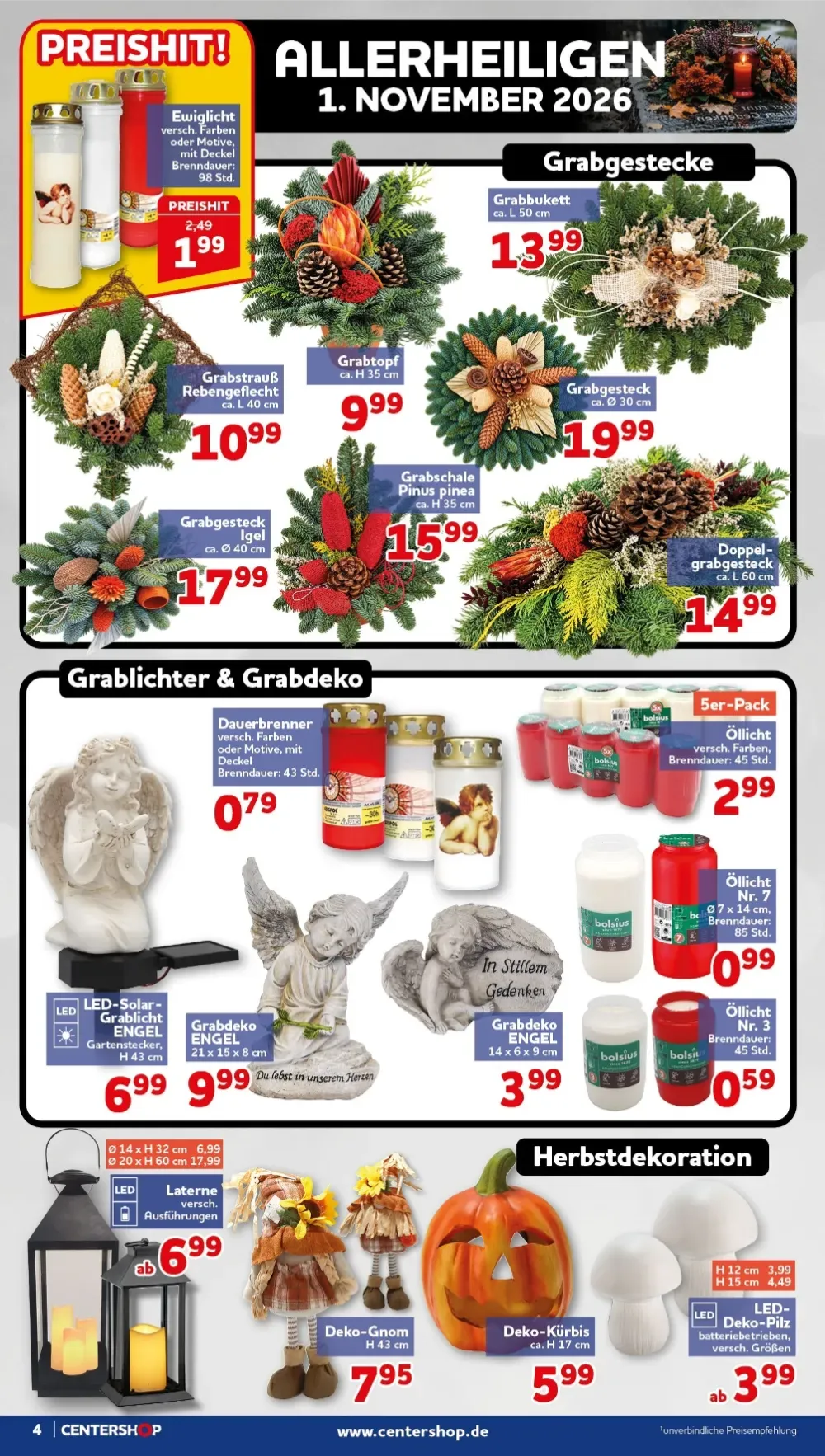 Centershop Prospekt KW 43 Seite 4 mit Ewiglicht, Grabbukett, Grabgesteck & Grabdeko ENGEL