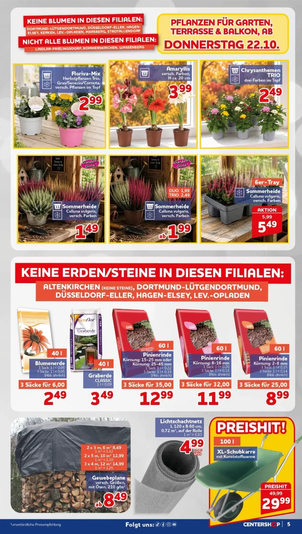 Centershop Prospekt KW 43 Seite 5 mit Floriva-Mix, Amaryllis, Chrysanthemen TRIO & Blumenerde