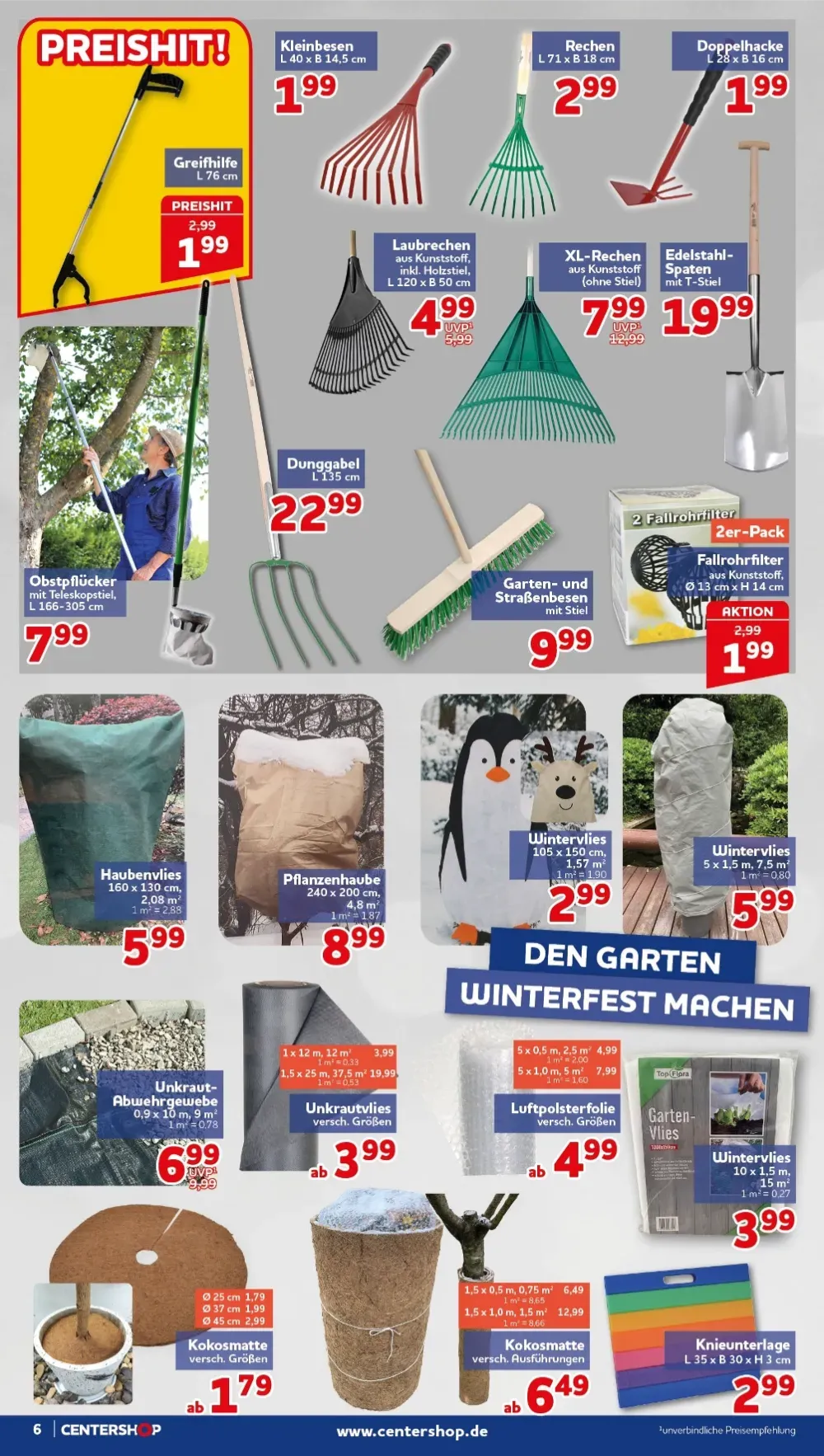 Centershop Prospekt KW 43 Seite 6 mit Greifhilfe, Laubrechen, Obstpflücker & Wintervlies
