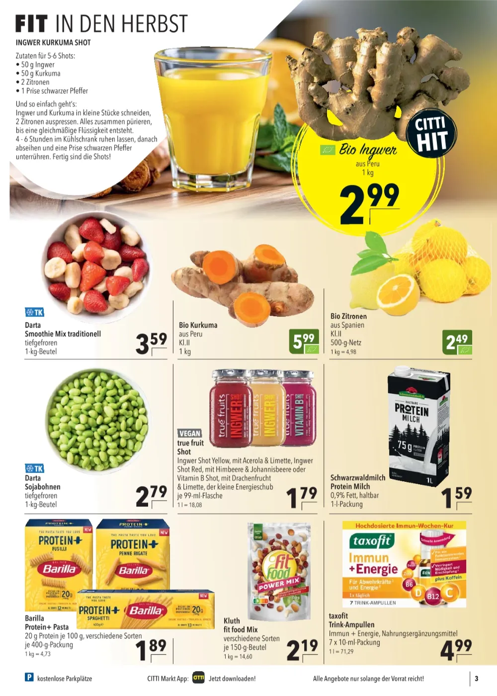 CITTI Markt Prospekt KW 41 Seite 3 mit Bio Ingwer, Darta, true fruits, Schwarzwaldmilch, Barilla & taxofit