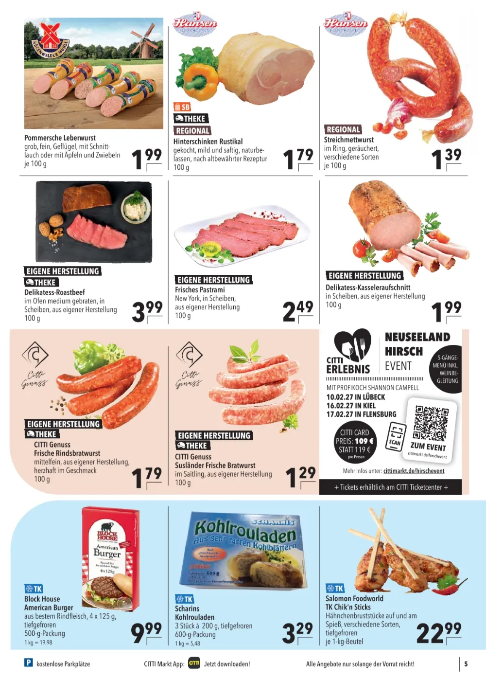 CITTI Markt Prospekt KW 41 Seite 5 mit Leberwurst, Pastrami, Roastbeef, CITTI Genuss Bratwurst & Block House Burger