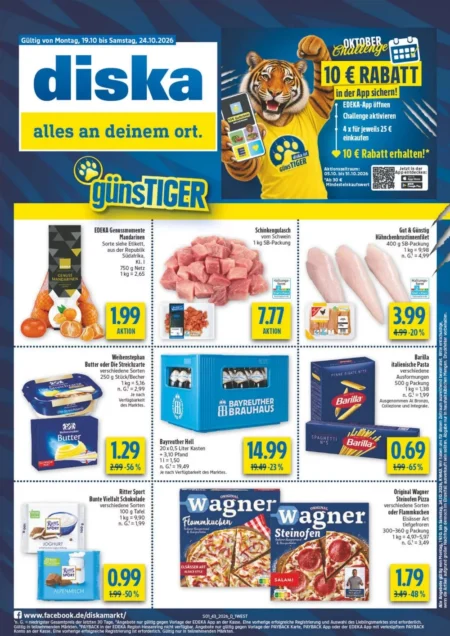 Diska Angebote ab 19.10.2026 Seite 1 mit angeboten für EDEKA Mandarinen, Schinkengulasch, Weihenstephan Butter & Wagner Pizza