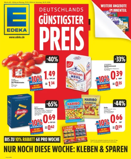 Edeka Angebote ab 19.10.2026 Seite 1 mit angeboten für Mini-Pflaumentomaten, Weizenmehl, Barilla Pasta & Haribo Goldbären