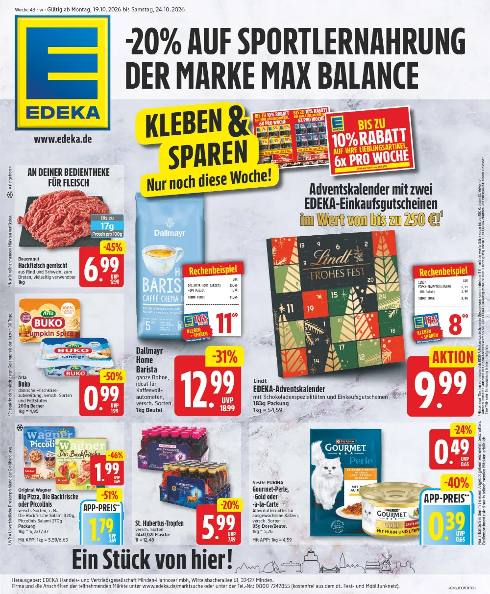 Edeka Angebote KW 43 Seite 3 mit angeboten für Hackfleisch, Buko, Dallmayr Kaffee, Adventskalender & Wagner Pizza