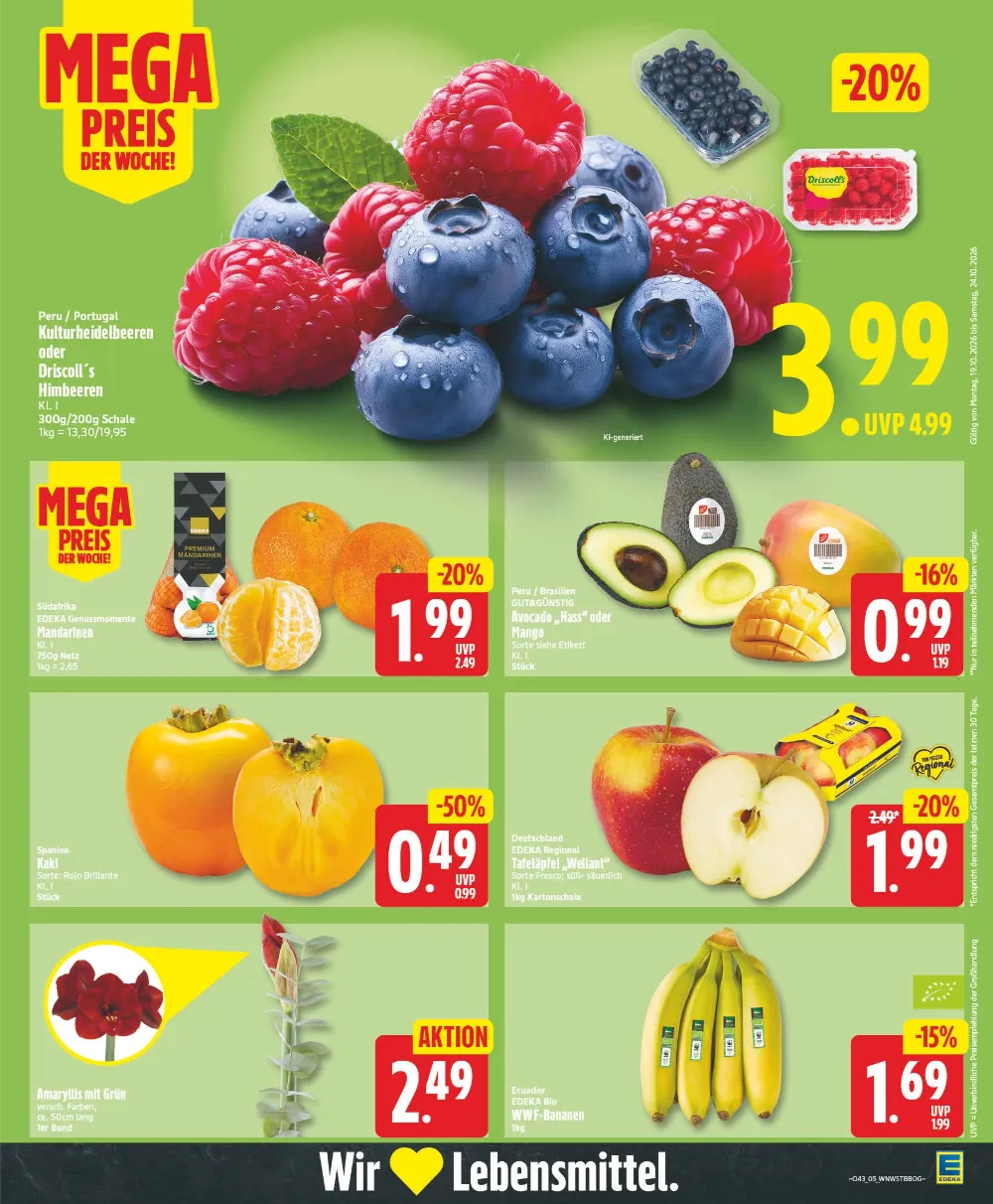 Edeka Angebote KW 43 Seite 5 mit angeboten für Kulturheidelbeeren, Mandarinen, Avocado, Kaki, Tafeläpfel & Bananen