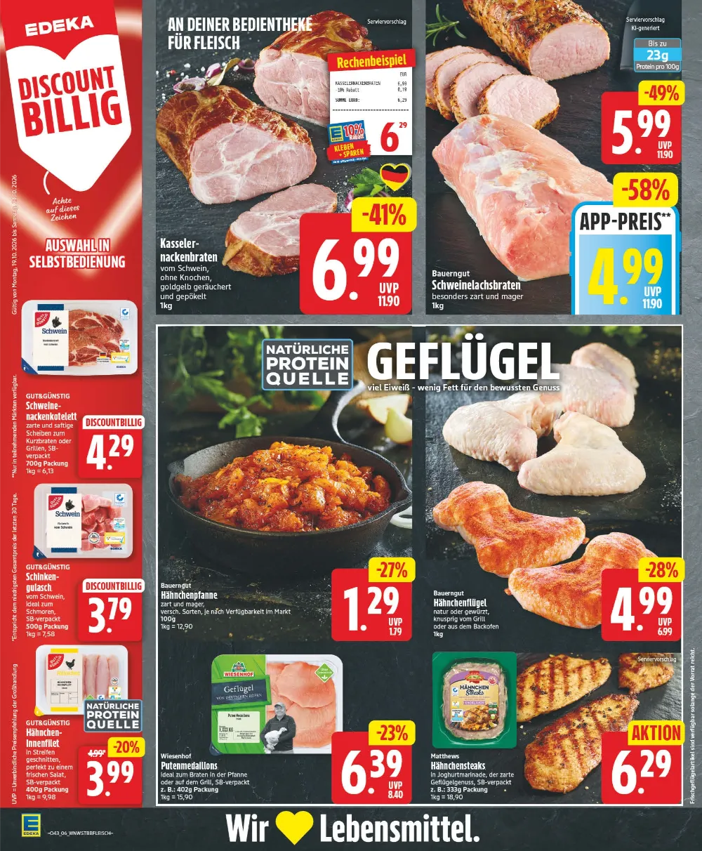 Edeka Angebote KW 43 Seite 6 mit angeboten für Kasseler-Nackenbraten, Schweinelachsbraten & Hähnchenpfanne