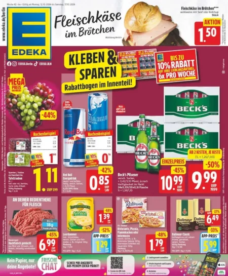 Edeka Berlin Prospekt ab 12.10.2026 (KW 42) EDEKA Berlin Angebote ab 12.10.2026 Seite 1 mit Angeboten für Tafeltrauben, Red Bull, Beck's Pilsener & Leerdammer