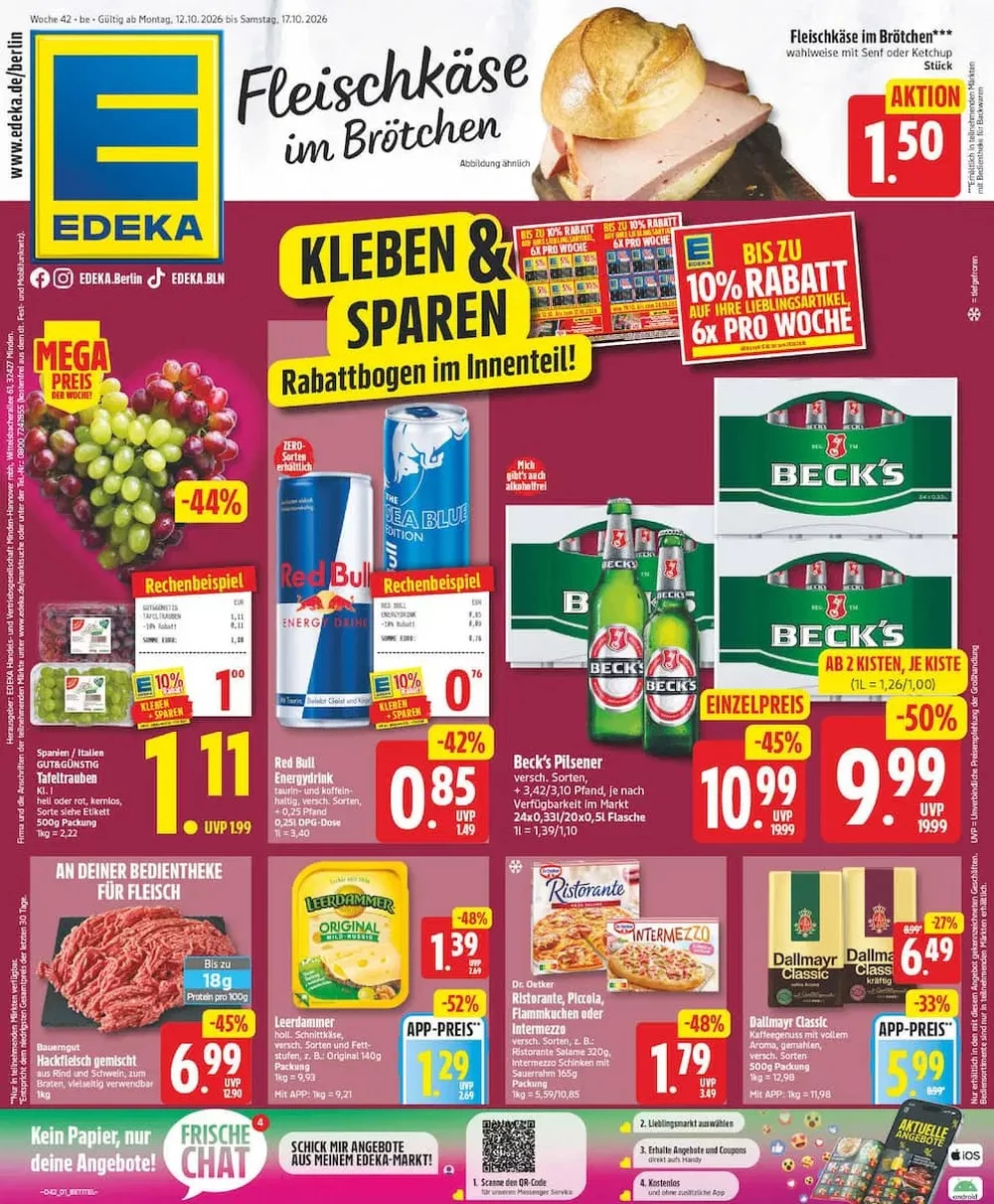 EDEKA Berlin Angebote ab 12.10.2026 Seite 1 mit Angeboten für Tafeltrauben, Red Bull, Beck's Pilsener & Leerdammer