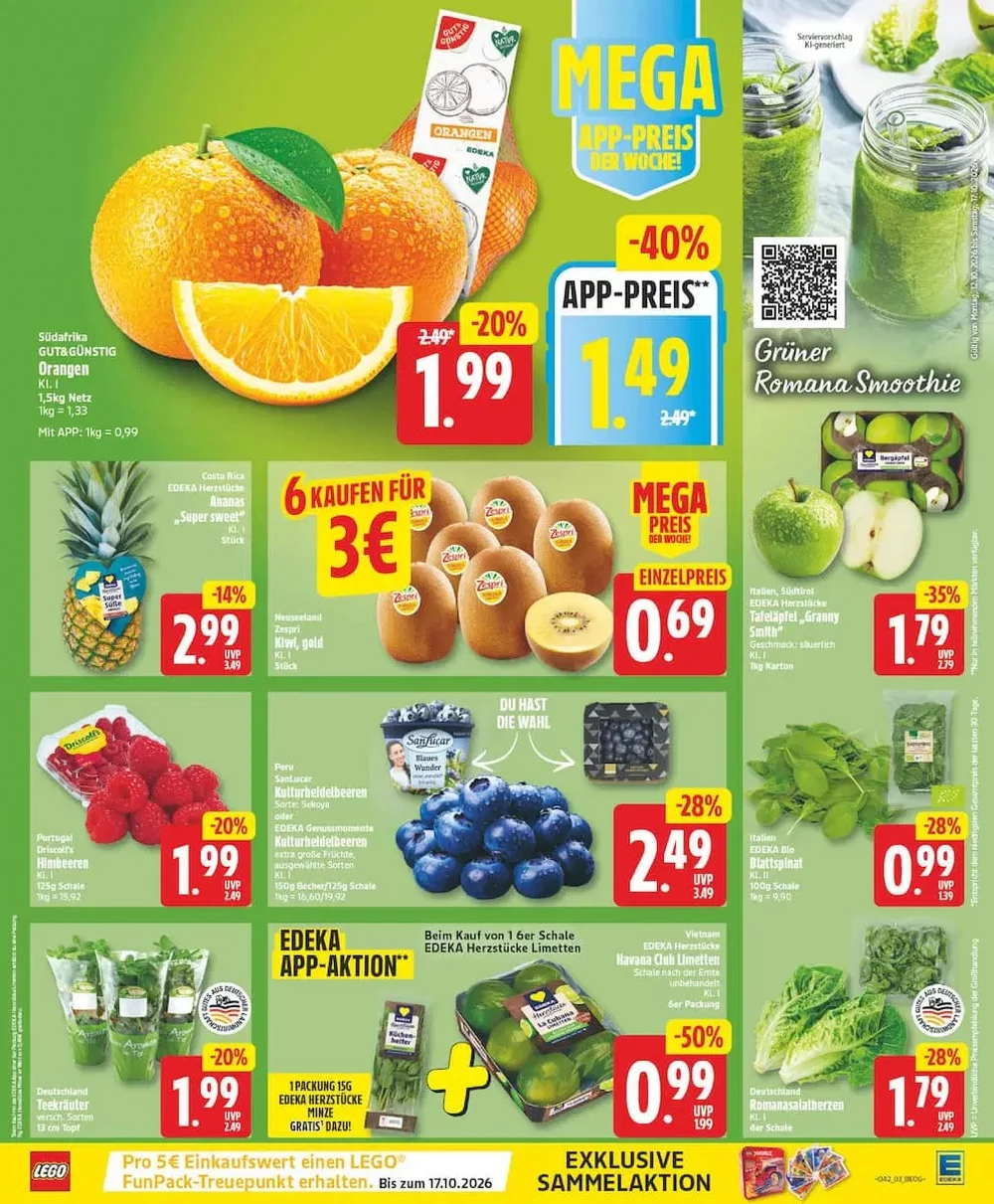 EDEKA Berlin Angebote KW 42 Seite 3 mit Angeboten für Orangen, Ananas, Kiwi Gold, Heidelbeeren & Tafeläpfel